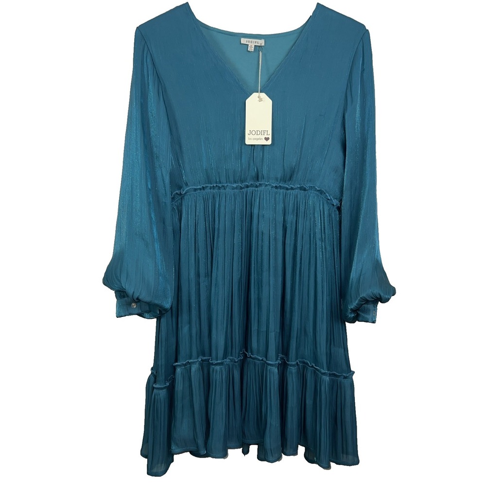 Jodifl Teal Shimmer Tiered Dress Women's Med Long‎ Sleeve V-Neck Lined Ruffle G7